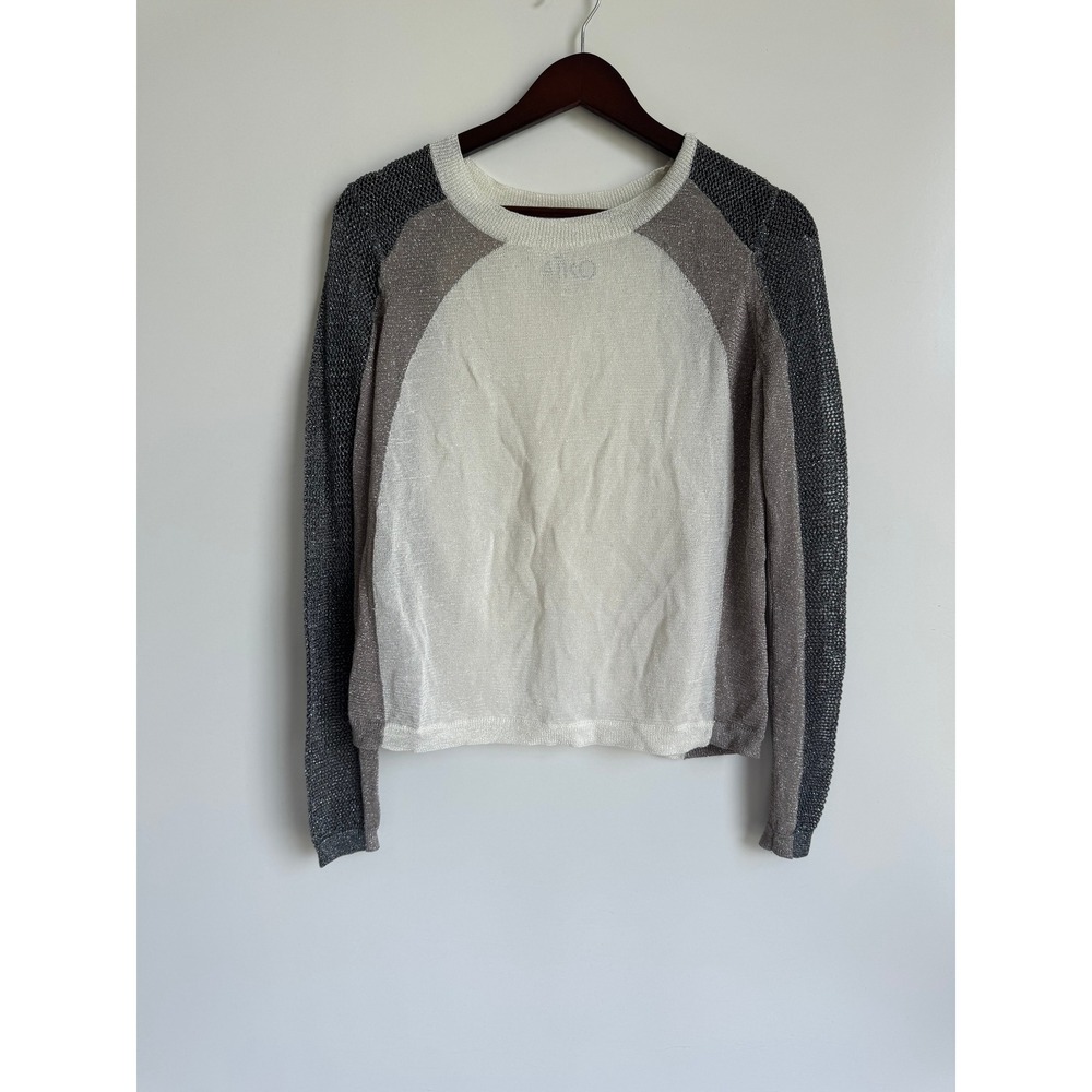 AIKO Womens Metallic Black Open Knit Sweater Split Back Grey Cream Smallilver